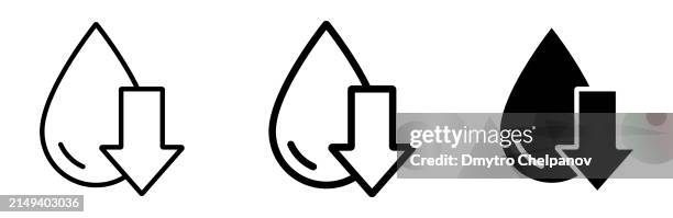 low water level icon. reduce water usage logo. droplet with arrow down symbol. supply shortage illustration. - drop down stock illustrations