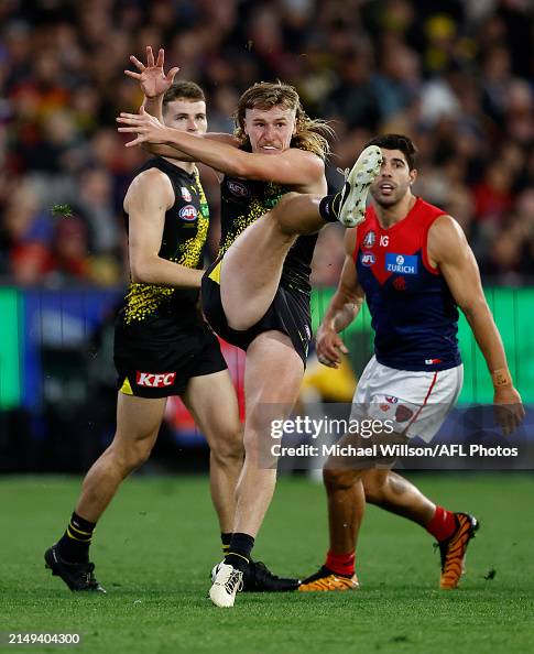 Hugo Ralphsmith Hugo Ralphsmith of the Tigers kicks the ball during the 2024 AFL ...