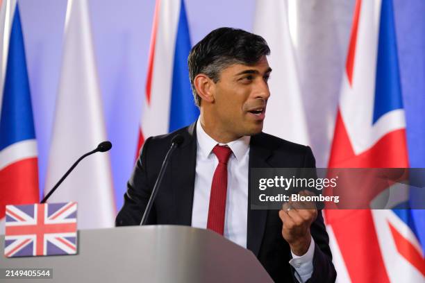 Rishi Sunak, UK prime minister, during a joint news conference with Donald Tusk, Poland's prime minister, in Warsaw, Poland, on Tuesday, April 23,...