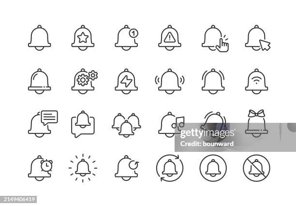 benachrichtigungsglocken-liniensymbole. pixelgenau. bearbeitbarer strich. - wachsamkeit stock-grafiken, -clipart, -cartoons und -symbole