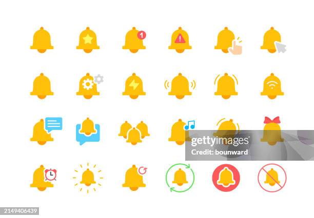 illustrations, cliparts, dessins animés et icônes de icônes plates de cloche de notification - cloche