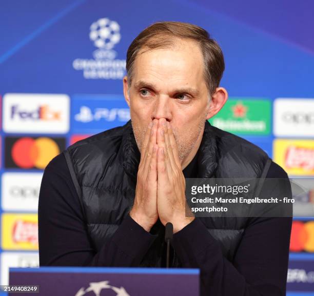 Head coach Thomas Tuchel of FC Bayern München looks on during press conference after the UEFA Champions League quarter-final second leg match between...