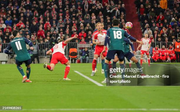 Joshua Kimmich of FC Bayern München scores his teams first goal during the UEFA Champions League quarter-final second leg match between FC Bayern...