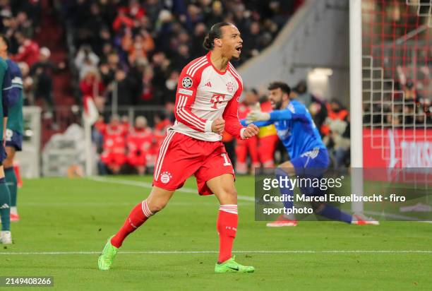 Leroy Sane of FC Bayern München celebrates during the UEFA Champions League quarter-final second leg match between FC Bayern München and Arsenal FC...