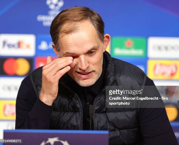 Head coach Thomas Tuchel of FC Bayern München looks on during press conference after the UEFA Champions League quarter-final second leg match between...