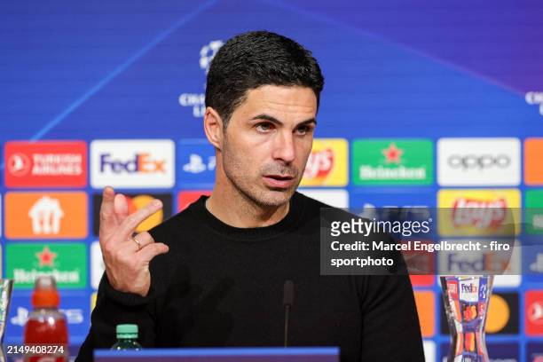 Head coach Mikel Arteta of Arsenal FC looks on during press conference after the UEFA Champions League quarter-final second leg match between FC...