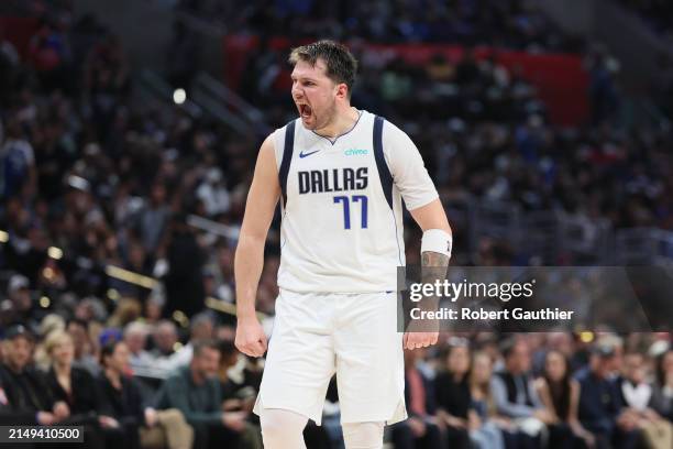 Los Angeles, CA, Tuesday, April 23, 2024 - Dallas Mavericks guard Luka Doncic yells out after hitting a basket late in the game against the Clippers...