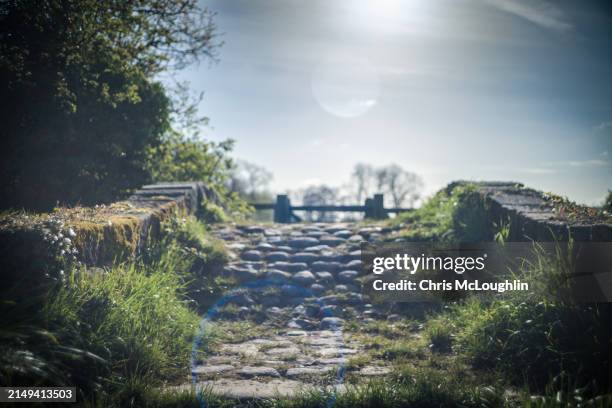 packhorse bridge near the scheduled monument rougemont castle(thirteenth century) in west yorkshire - forest of leeds stock pictures, royalty-free photos & images