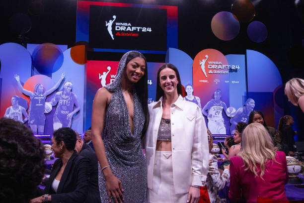 Caitlin Clark and Angel Reese at the WNBA Draft held at the Brooklyn Academy of Music on April 15, 2024 in New York, New York.