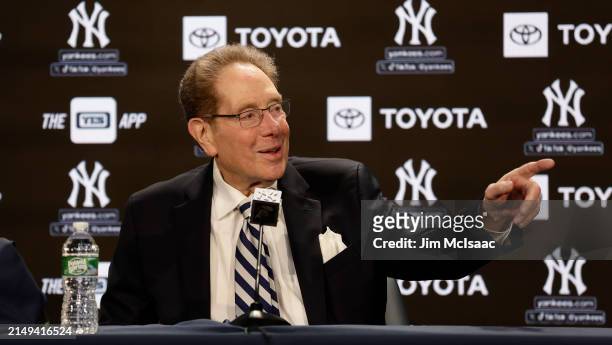 Long time New York Yankees radio broadcaster John Sterling speaks to the media prior to a game against the Tampa Bay Rays at Yankee Stadium on April...