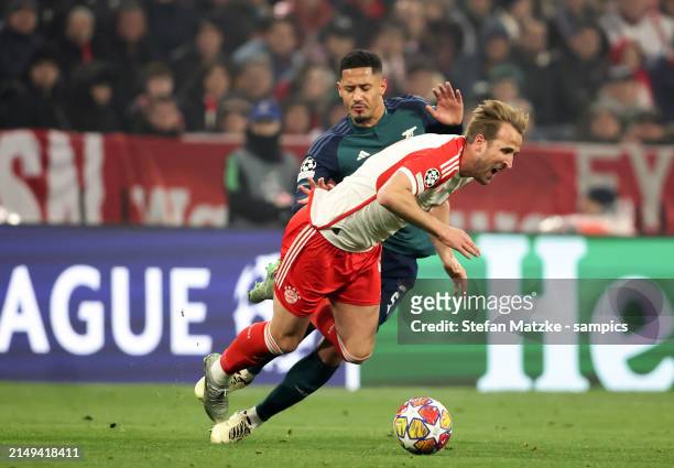 Harry Kane of Bayern Muenchen vies with William Saliba of FC Arsenal during the UEFA Champions League quarter-final second leg match between FC...
