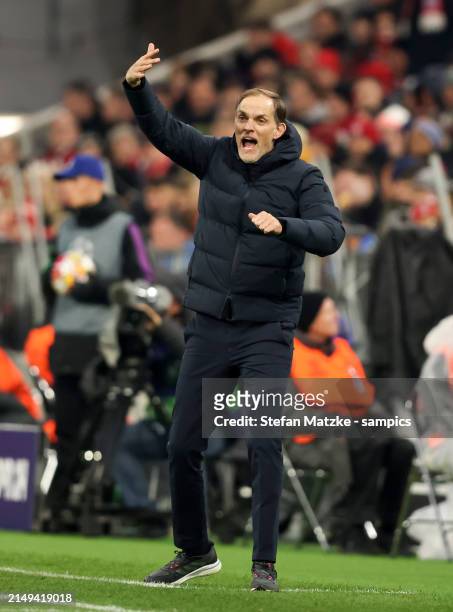 Coach Thomas Tuchel of Bayern Muenchen reacts from the sideline during the UEFA Champions League quarter-final second leg match between FC Bayern...