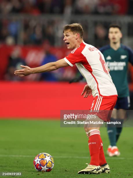 Joshua Kimmich of Bayern Muenchen gives his team instructions during the UEFA Champions League quarter-final second leg match between FC Bayern...