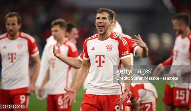 Leon Goretzka of Bayern Muenchen celebrate with the fans after their sides victory the UEFA Champions League quarter-final second leg match between...