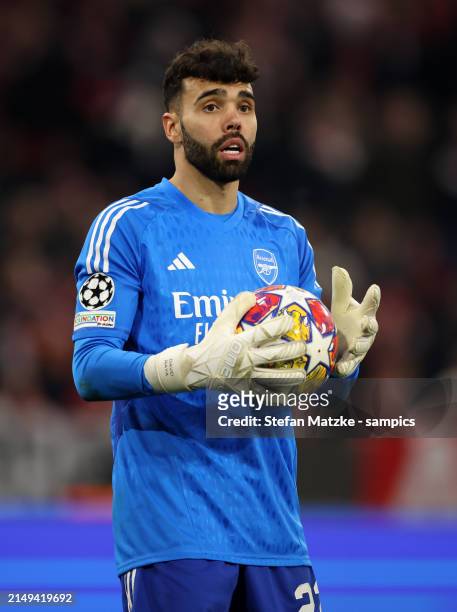 David Raya of FC Arsenal in action during the UEFA Champions League quarter-final second leg match between FC Bayern München and Arsenal FC at...