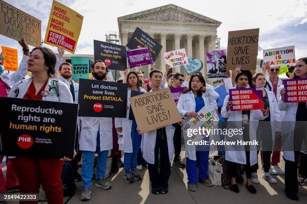 Group of doctors join abortion rights supporters at a rally outside the Supreme Court on April 24, 2024 in Washington, DC. The Supreme Court hears...
