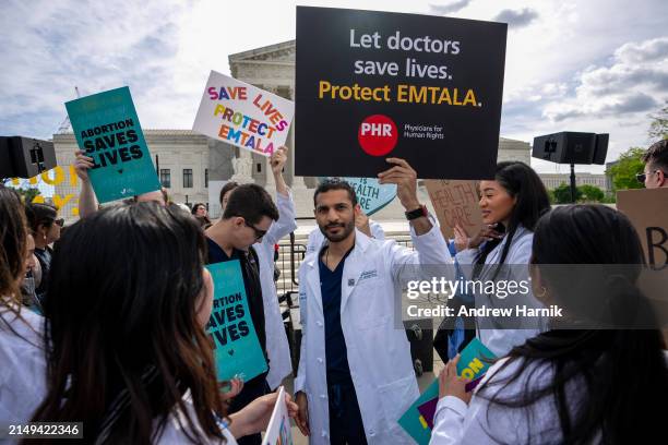 Group of doctors join abortion rights supporters at a rally outside the Supreme Court on April 24, 2024 in Washington, DC. The Supreme Court hears...