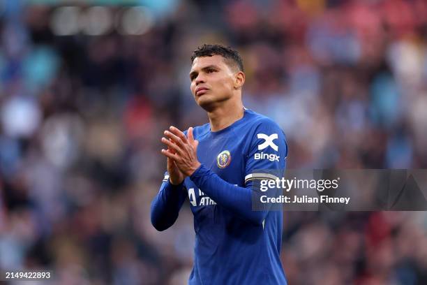 Thiago Silva of Chelsea applauds the fans after the team's defeat during the Emirates FA Cup Semi Final match between Manchester City and Chelsea at...
