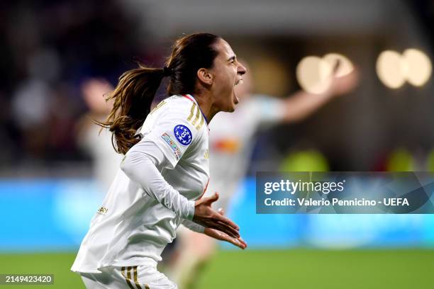 Amel Majri of Olympique Lyonnais celebrates scoring her team's third goal during the UEFA Women's Champions League 2023/24 semi-final Leg One match...