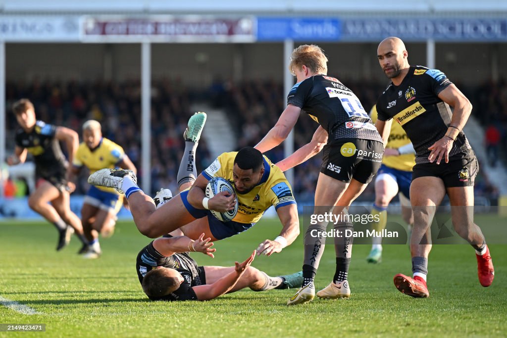 Rus Rugby Exeter Joe Cokanasiga of Bath is tackled by Stu Townsend of Exeter Chiefs ...