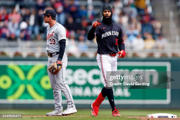 Byron Buxton of the Minnesota Twins celebrates his double against the Detroit Tigers in the second inning at Target Field on April 20, 2024 in...
