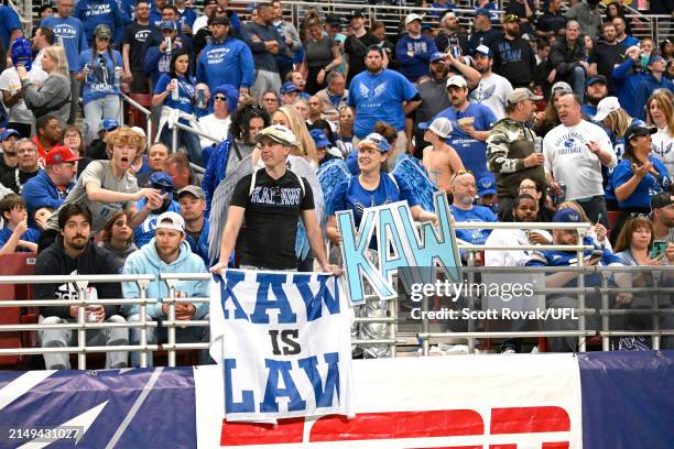 St. Louis Battlehawks fans cheer during the second half against the Memphis Showboats at The Dome at America’s Center on April 20, 2024 in St Louis,...