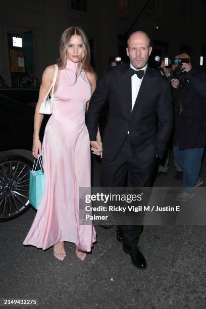 Rosie Huntington-Whiteley and Jason Statham seen attending Victoria Beckham's 50th birthday party at Oswald’s on April 20, 2024 in London, England.