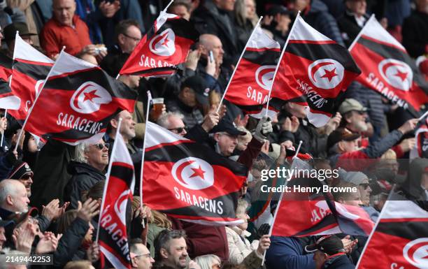 Fans during the Gallagher Premiership Rugby match between Saracens and Gloucester Rugby at StoneX Stadium on April 20, 2024 in Barnet, England.