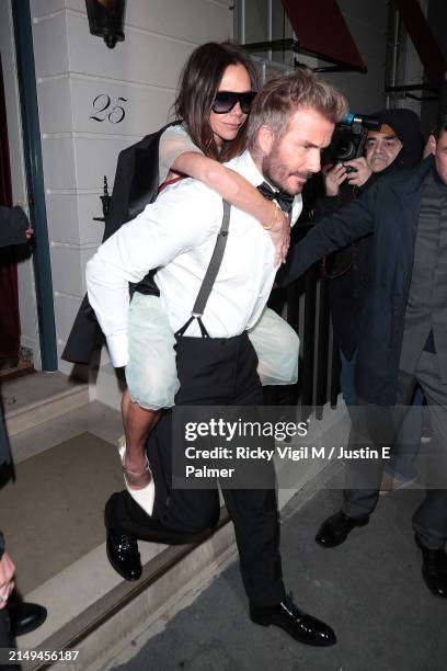 David Beckham and Victoria Beckham are seen leaving Victoria Beckham's 50th Birthday Party at Oswald’s on April 20, 2024 in London, England.