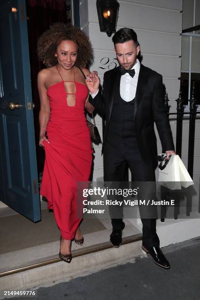 Mel B and Rory McPhee are seen attending Victoria Beckham's 50th birthday party at Oswald’s on April 20, 2024 in London, England.