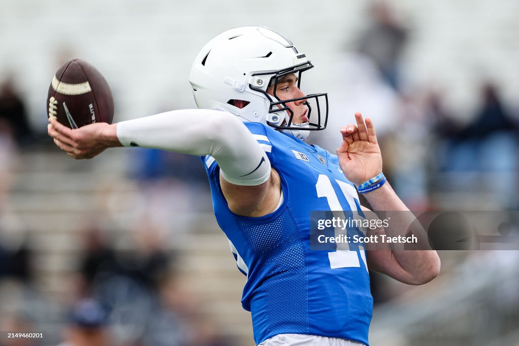 Fotball Springing Drew Allar attempts a pass before the Penn State Spring Football Game ...