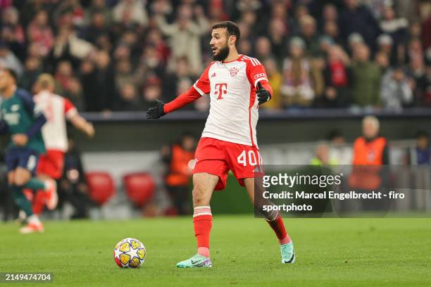 Noussair Mazraoui of FC Bayern München plays the ball during the UEFA Champions League quarter-final second leg match between FC Bayern München and...