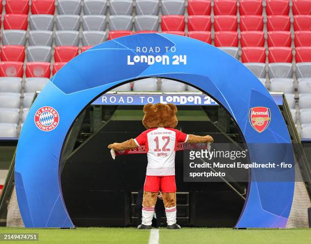 Mascot Berni of FC Bayern München looks on ahead of the UEFA Champions League quarter-final second leg match between FC Bayern München and Arsenal FC...