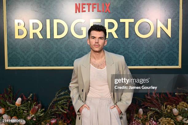 Luke Newton attends the "Bridgerton" Season 3 launch on the grounds of Milton Park Country House on April 21, 2024 in Bowral, Australia. Stars of the...