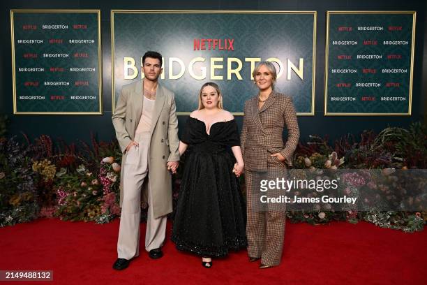 Luke Newton, Nicola Coughlan and Jess Brownell attend the "Bridgerton" Season 3 launch on the grounds of Milton Park Country House on April 21, 2024...