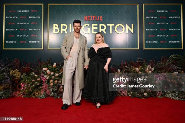 Luke Newton and Nicola Coughlan attend the "Bridgerton" Season 3 launch on the grounds of Milton Park Country House on April 21, 2024 in Bowral,...