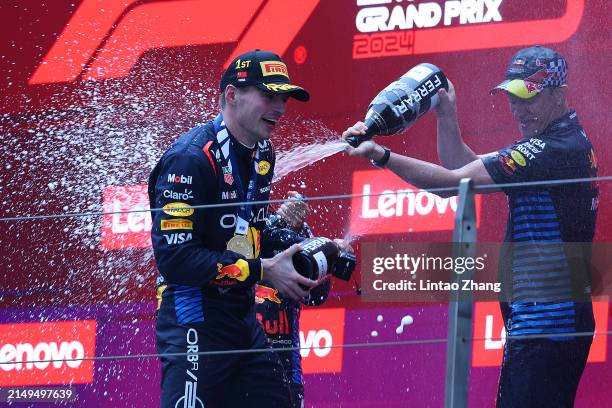 Race winner Max Verstappen of the Netherlands and Oracle Red Bull Racing, Third placed Sergio Perez of Mexico and Oracle Red Bull Racing and Oracle...