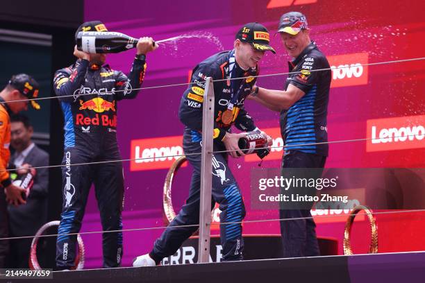 Race winner Max Verstappen of the Netherlands and Oracle Red Bull Racing, Third placed Sergio Perez of Mexico and Oracle Red Bull Racing and Oracle...