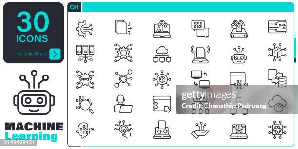 machine learning icon set. 30 editable stroke vector graphic elements, stock illustration icon symbol, business, artificial intelligence, data, connection, robot, computer language - digitalization background stock illustrations