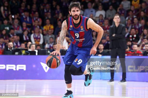 Ricky Rubio is playing in the match between FC Barcelona and Olympiacos Piraeus for Game 1 of the Play-offs of the Turkish Airlines Euroleague at the...