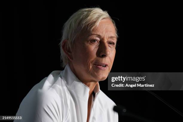 Laureus Academy Member Martina Navratilova speaks at a press conference prior to the Laureus World Sports Awards Madrid 2024 at the Palacio de...