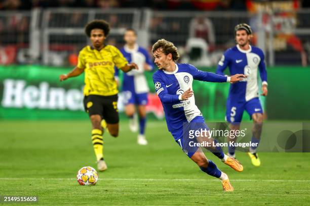 Antoine Griezmann of Atletico Madrid runs with the ball during the UEFA Champions League quarter-final second leg match between Borussia Dortmund and...