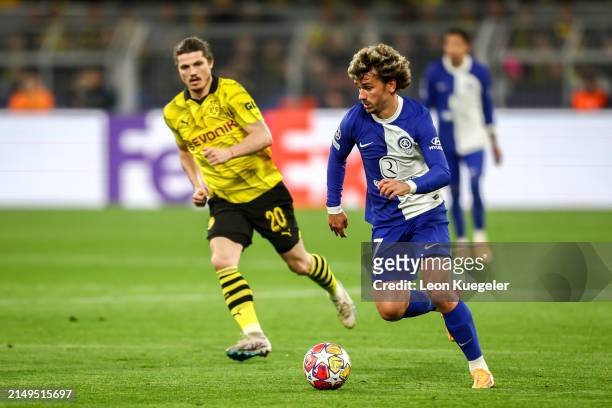 Antoine Griezmann of Atletico Madrid runs with the ball during the UEFA Champions League quarter-final second leg match between Borussia Dortmund and...