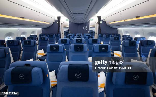 Passenger seats that are part of the new long-haul Economy Class cabin called 'Allegris' are pictured inside the Airbus A350-900 Leipzig of German...