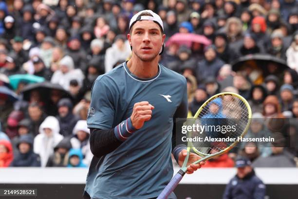 Jan-Lennart Struff of Germany reacts during bis final match against Taylor Fritz of the USA on day 9 of the BMW Open at MTTC IPHITOS on April 21,...