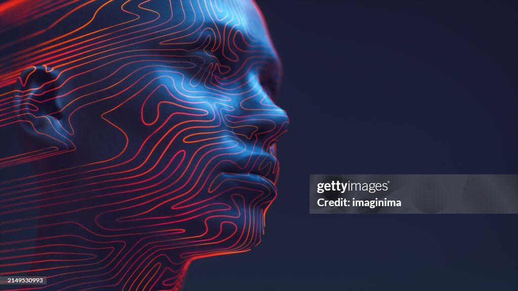 Digitales menschliches Kopfkonzept für KI, Metaverse und Gesichtserkennungstechnologie