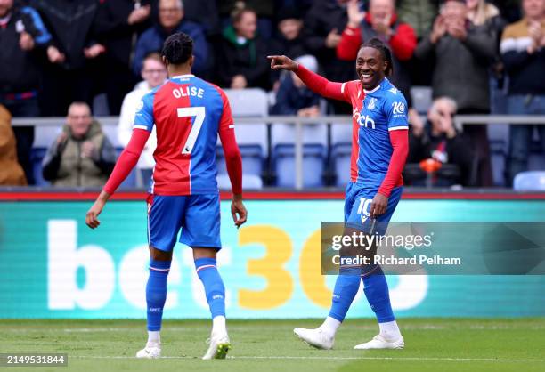 Eberechi Eze of Crystal Palace celebrates scoring his team's second goal with teammate Michael Olise during the Premier League match between Crystal...