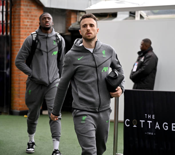Diogo Jota of Liverpool arriving before the Premier League match between Fulham FC and Liverpool FC at Craven Cottage on April 21, 2024 in London,...