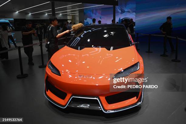 Ocean-M electric car is displayed at the Beijing Auto Show in Beijing on April 25, 2024.