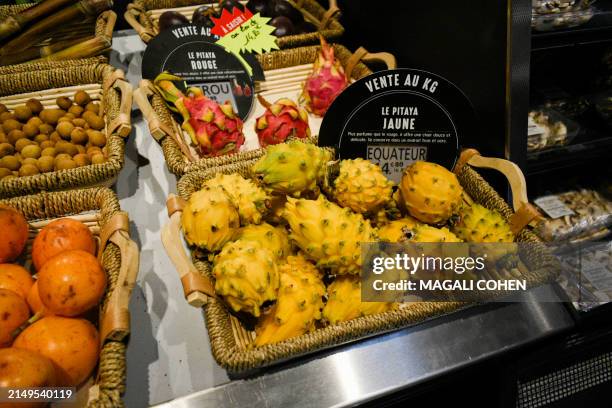 Yellow pitaya exotic fruits department inside of a Grand Frais supermarket in Les Sables d Olonne, France, on April 24, 2024. Grand Frais is a French...